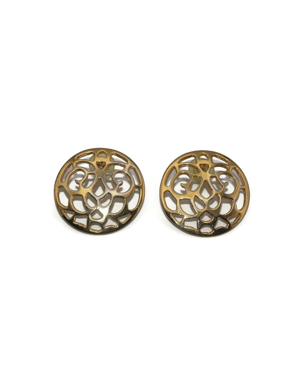 Vintage Gold Tone Cut Out Round Stud Earrings with Post Backs for Pierced Ears.